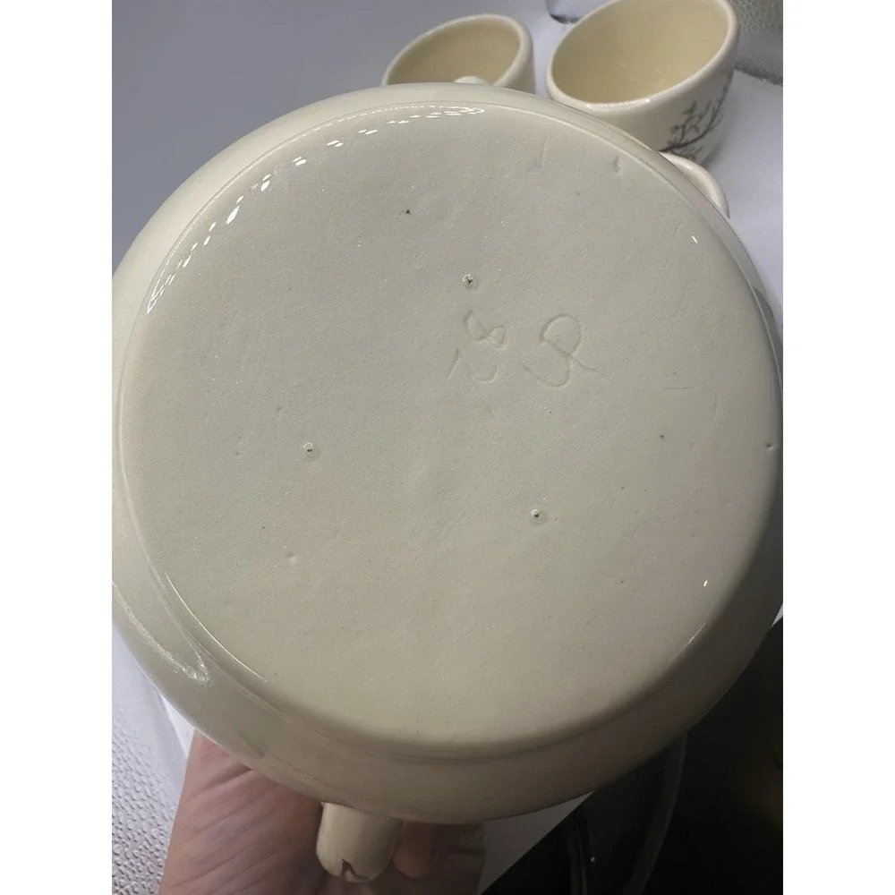 Beige Glazed Ceramic Floral Tea Set Teapot w/ Lid & 4 Cups, 8 oz